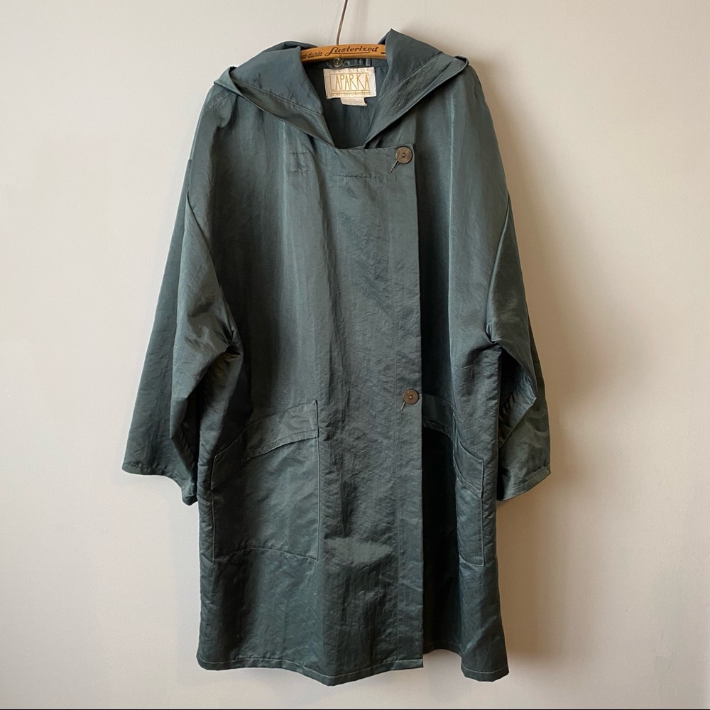 LAPARKA vintage 80s women’s oversized hooded shiny green rain jacket - Medium